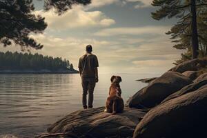 a man with a dog sitting on the shore of a lake photo