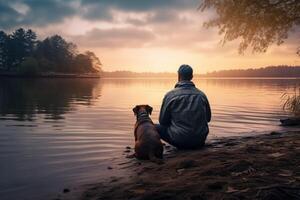 a man with a dog sitting on the shore of a lake photo