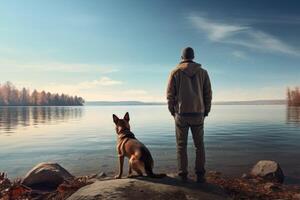 a man with a dog sitting on the shore of a lake photo