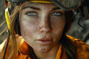 female miner in helmet photo