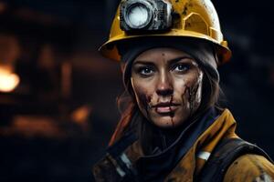 female miner in helmet photo