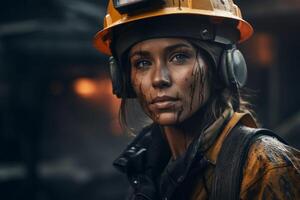 female miner in helmet photo