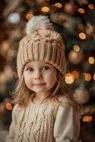 niño en contra el antecedentes de un Navidad árbol foto