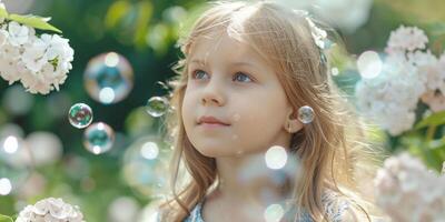child blowing soap bubbles in nature photo
