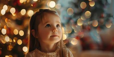 child against the background of a Christmas tree photo