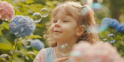 child blowing soap bubbles in nature photo