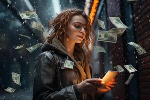 young girl under the rain of money photo