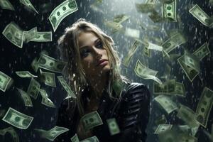 young girl under the rain of money photo