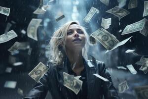 young girl under the rain of money photo