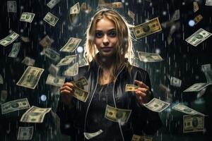 young girl under the rain of money photo