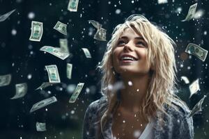 young girl under the rain of money photo