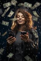 young girl under the rain of money photo