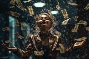 young girl under the rain of money photo