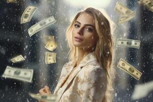 young girl under the rain of money photo