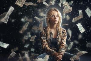 young girl under the rain of money photo