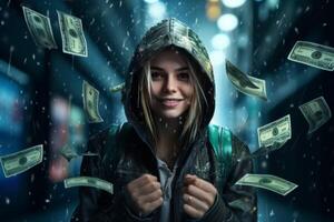 joven niña debajo el lluvia de dinero foto