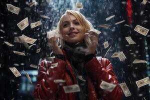 young girl under the rain of money photo