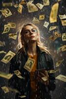 young girl under the rain of money photo