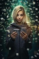 young girl under the rain of money photo