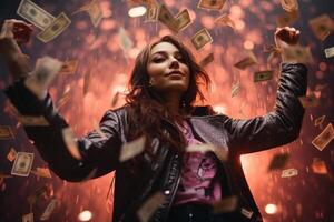 joven niña debajo el lluvia de dinero foto