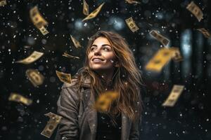 joven niña debajo el lluvia de dinero foto