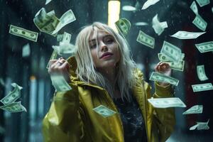 young girl under the rain of money photo