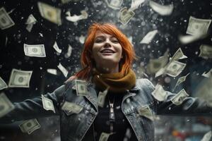 young girl under the rain of money photo