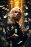 young girl under the rain of money photo