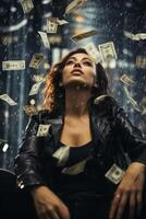 young girl under the rain of money photo