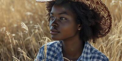 joven africano americano mujer granjero vistiendo sombrero foto