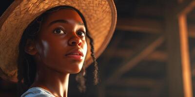 joven africano americano mujer granjero vistiendo sombrero foto