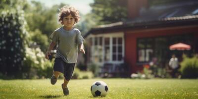 child boy playing football in the backyard photo