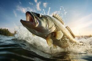 largemouth bass jumping out of the water splashing photo