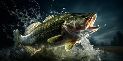 largemouth bass jumping out of the water splashing photo