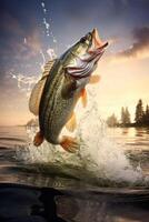 largemouth bass jumping out of the water splashing photo