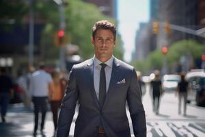 businessman walking down a city street photo