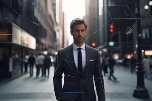 businessman walking down a city street photo