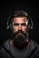 hombre con un barba vistiendo auriculares foto