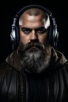 hombre con un barba vistiendo auriculares foto