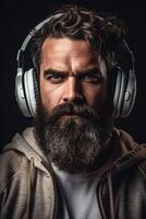 hombre con un barba vistiendo auriculares foto