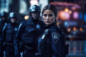 hembra policía oficial en un ciudad calle foto