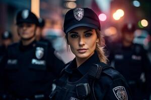 hembra policía oficial en un ciudad calle foto