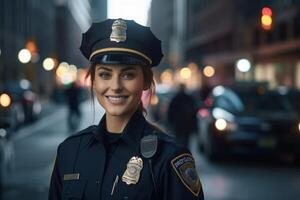 hembra policía oficial en un ciudad calle foto