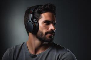 hombre con un barba vistiendo auriculares foto