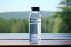 clean drinking water in a bottle against the background of a lake and mountains photo