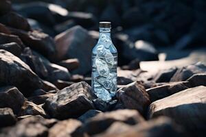 limpiar Bebiendo agua en un botella en contra el antecedentes de un lago y montañas foto
