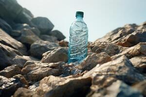 clean drinking water in a bottle against the background of a lake and mountains photo