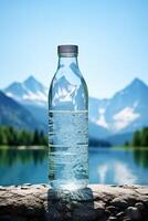 limpiar Bebiendo agua en un botella en contra el antecedentes de un lago y montañas foto