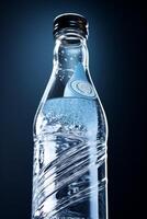 clean drinking water in a bottle against the background of a lake and mountains photo