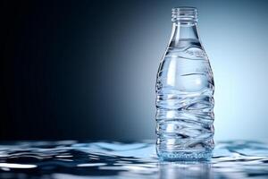 clean drinking water in a bottle against the background of a lake and mountains photo